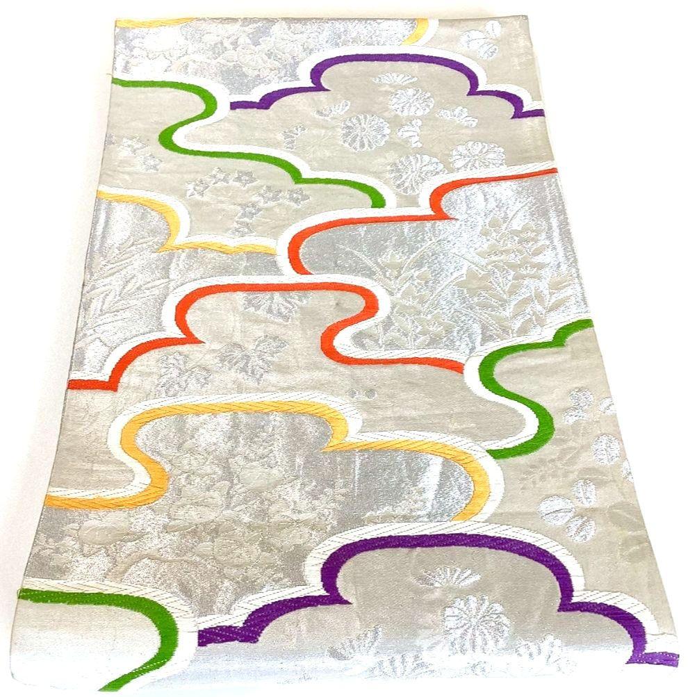 5216# Japanese Vintage Fukuro Obi Belt Kimono Fabric Silk Traditional Silver