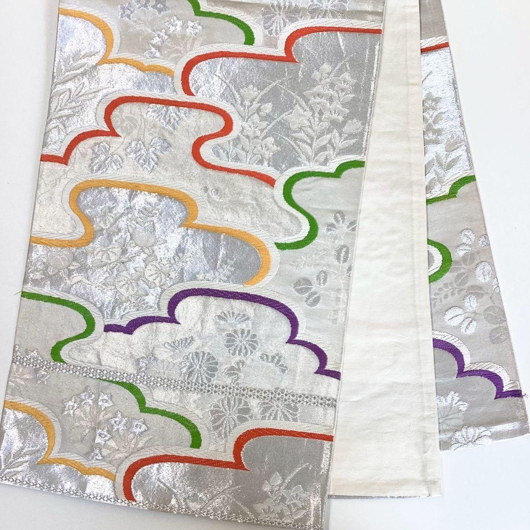 5216# Japanese Vintage Fukuro Obi Belt Kimono Fabric Silk Traditional Silver