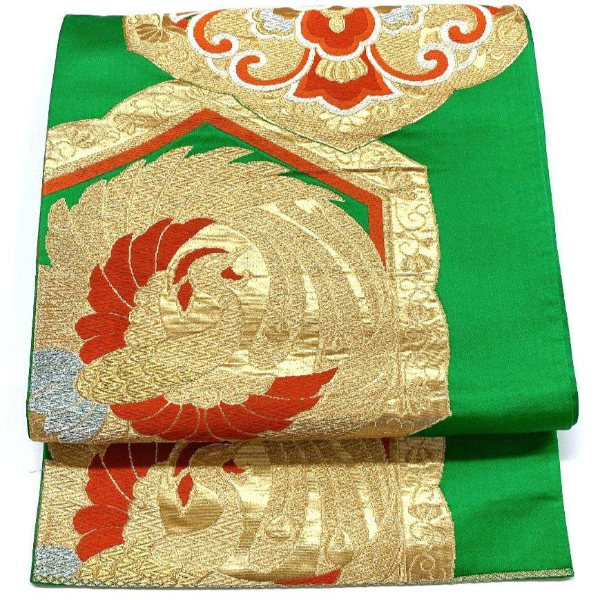 5140# Japanese Vintage Fukuro Obi Belt Kimono Fabric Silk Traditional Green