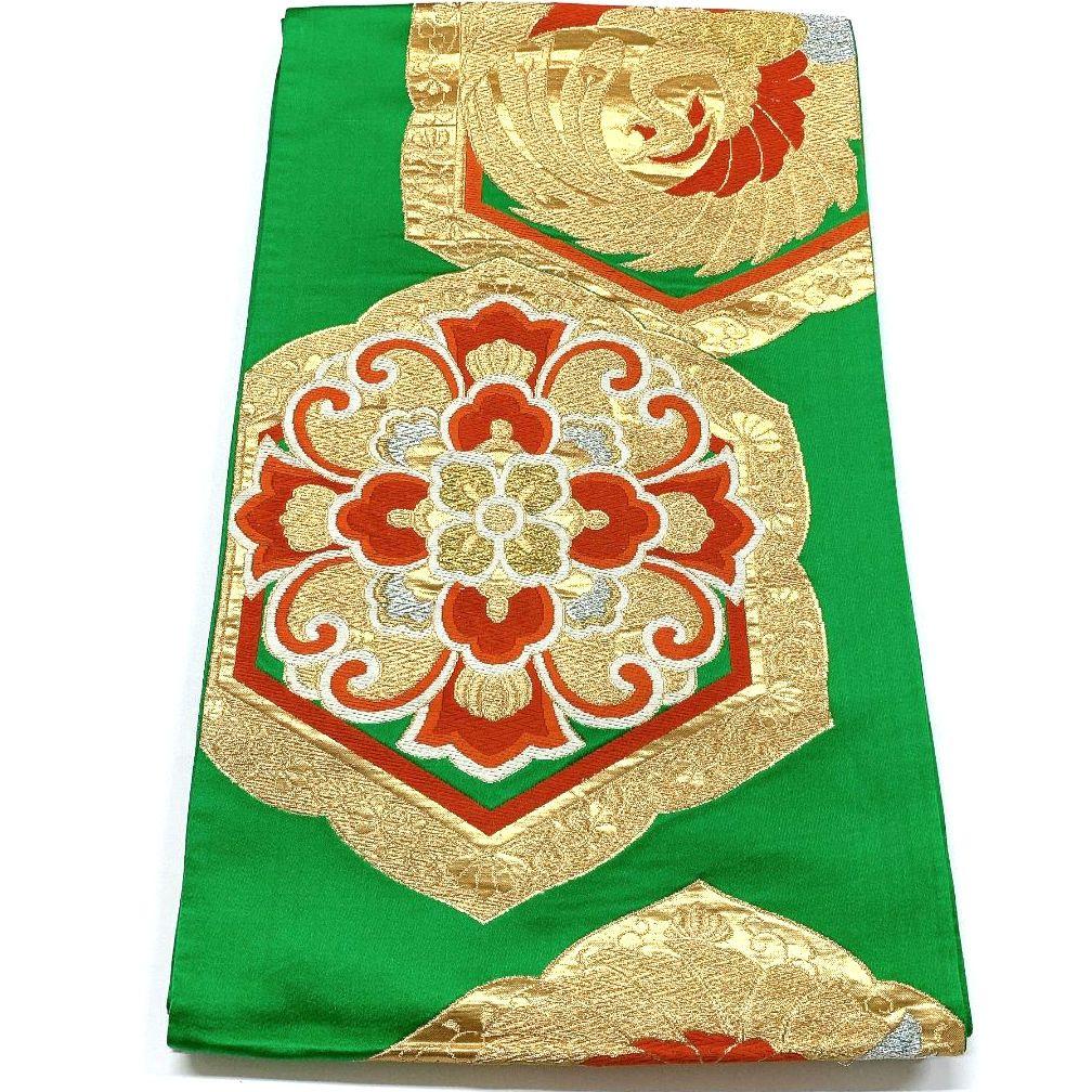 5140# Japanese Vintage Fukuro Obi Belt Kimono Fabric Silk Traditional Green