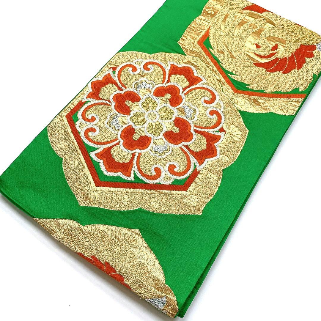5140# Japanese Vintage Fukuro Obi Belt Kimono Fabric Silk Traditional Green