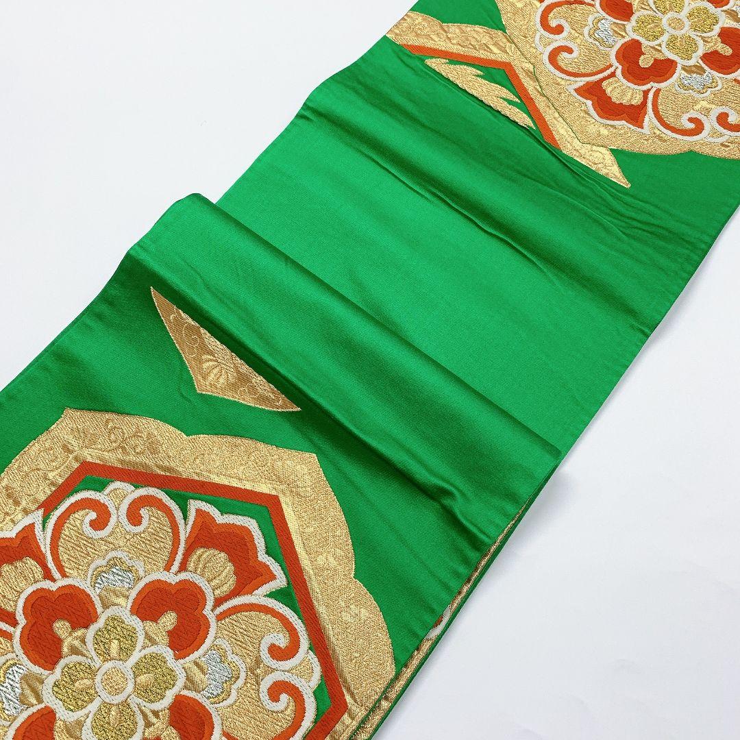 5140# Japanese Vintage Fukuro Obi Belt Kimono Fabric Silk Traditional Green