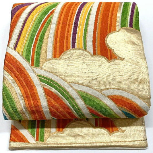 5069# Japanese Vintage Fukuro Obi Belt Kimono Fabric Silk Traditional Embroidery　