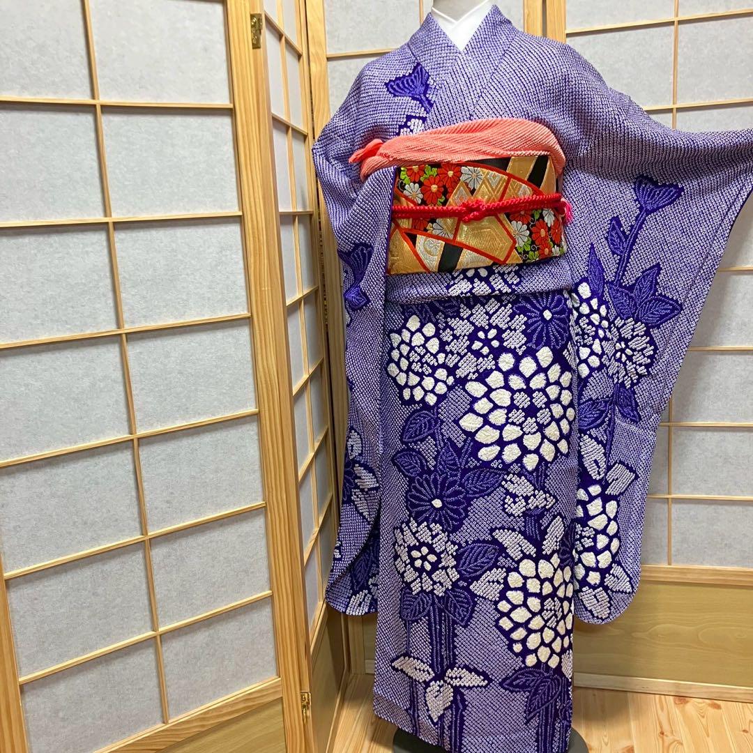 4884# Japanese Vintage Furisode Kimono Obi Obijime Obiage 4-Piece Set Silk Robe