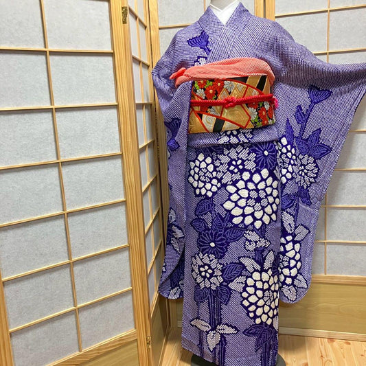4884# Japanese Vintage Furisode Kimono Obi Obijime Obiage 4-Piece Set Silk Robe