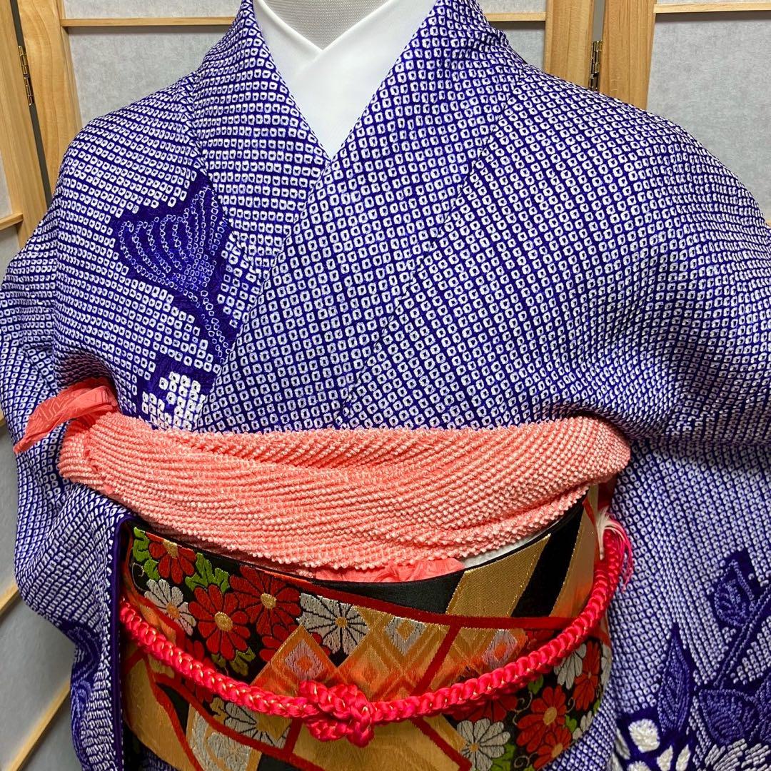 4884# Japanese Vintage Furisode Kimono Obi Obijime Obiage 4-Piece Set Silk Robe