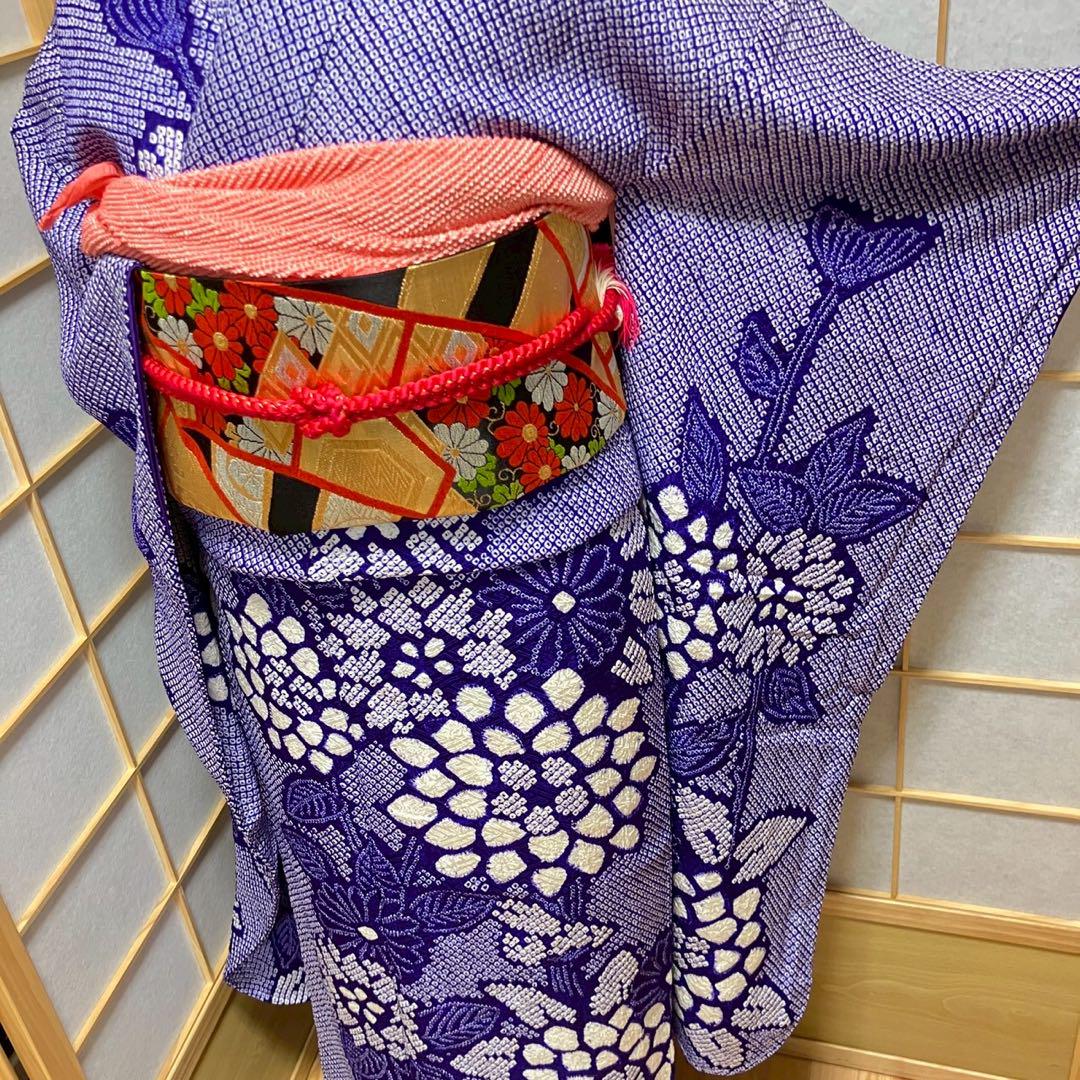 4884# Japanese Vintage Furisode Kimono Obi Obijime Obiage 4-Piece Set Silk Robe