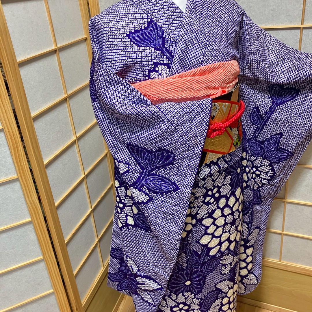 4884# Japanese Vintage Furisode Kimono Obi Obijime Obiage 4-Piece Set Silk Robe