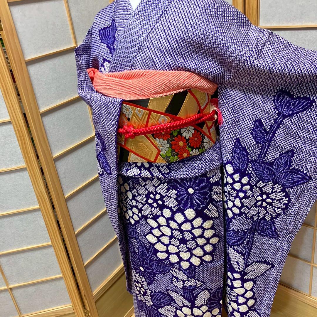 4884# Japanese Vintage Furisode Kimono Obi Obijime Obiage 4-Piece Set Silk Robe