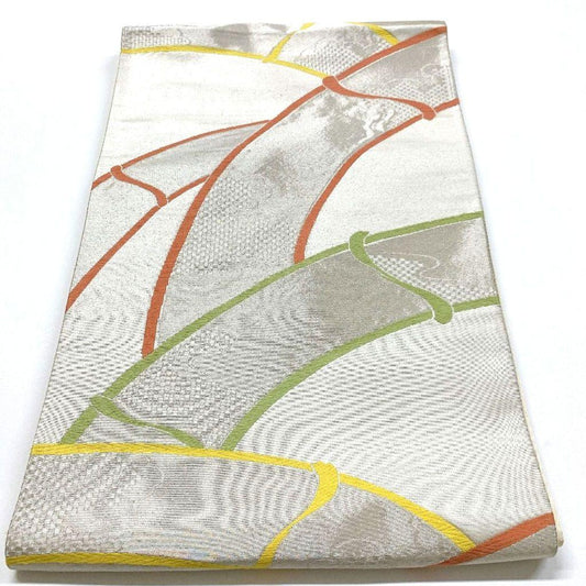 5052# Japanese Vintage Fukuro Obi Belt Kimono Fabric Silk Traditional Silver