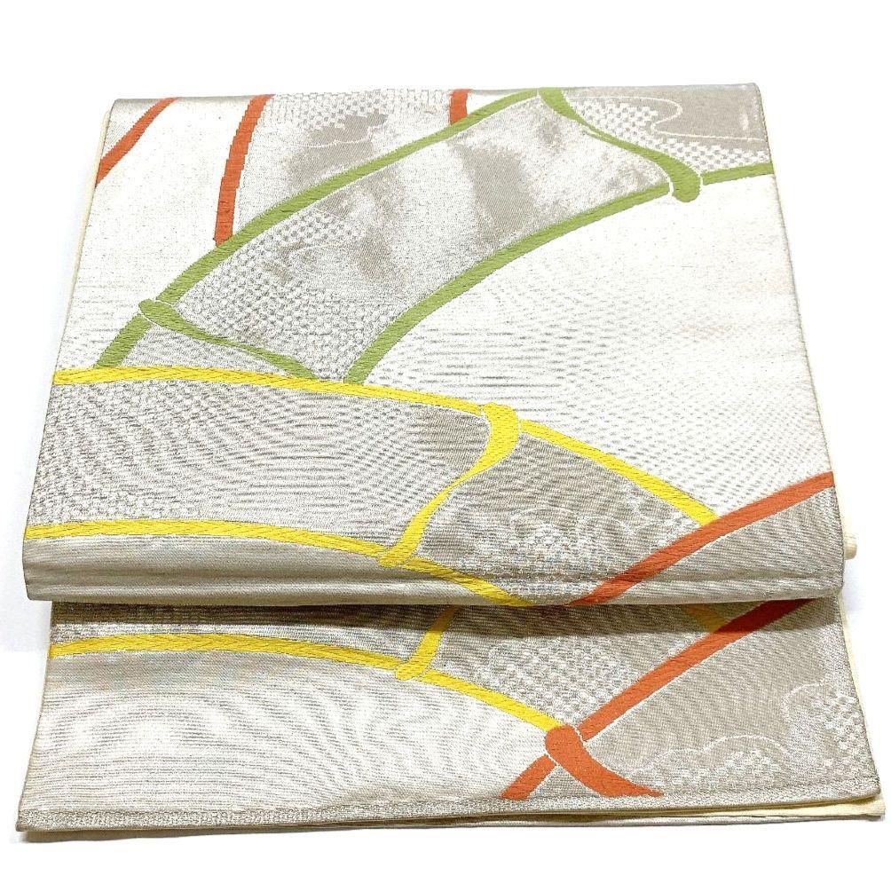 5052# Japanese Vintage Fukuro Obi Belt Kimono Fabric Silk Traditional Silver
