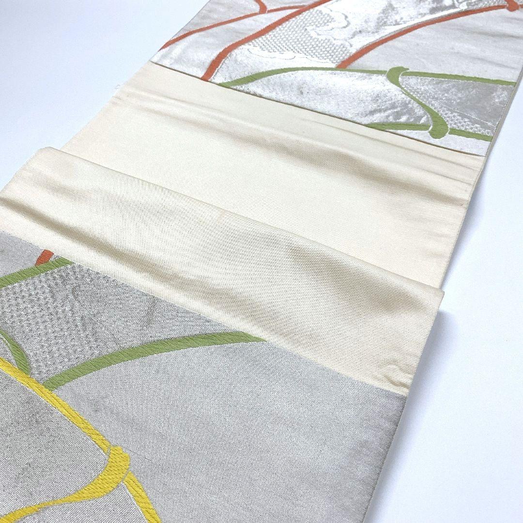 5052# Japanese Vintage Fukuro Obi Belt Kimono Fabric Silk Traditional Silver