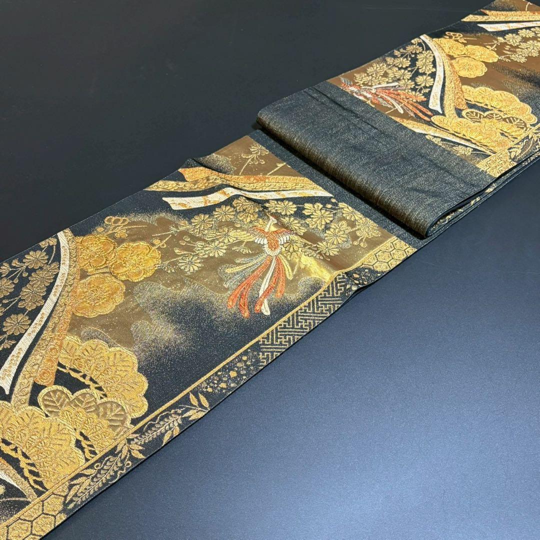 6160# Japanese Vintage Fukuro Obi Belt Kimono Fabric Silk Traditional Gold