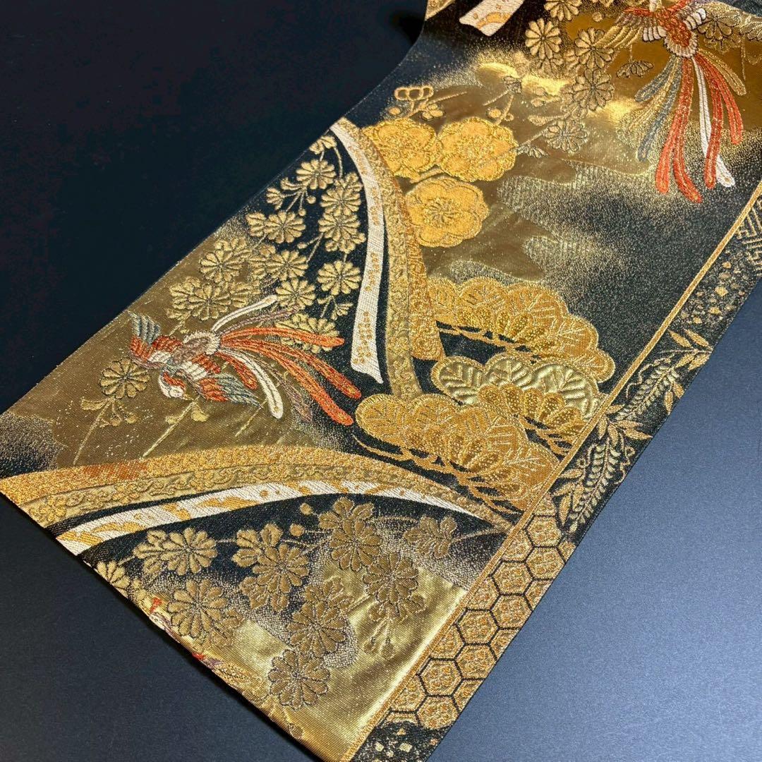 6160# Japanese Vintage Fukuro Obi Belt Kimono Fabric Silk Traditional Gold