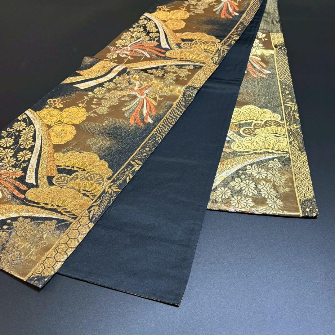 6160# Japanese Vintage Fukuro Obi Belt Kimono Fabric Silk Traditional Gold