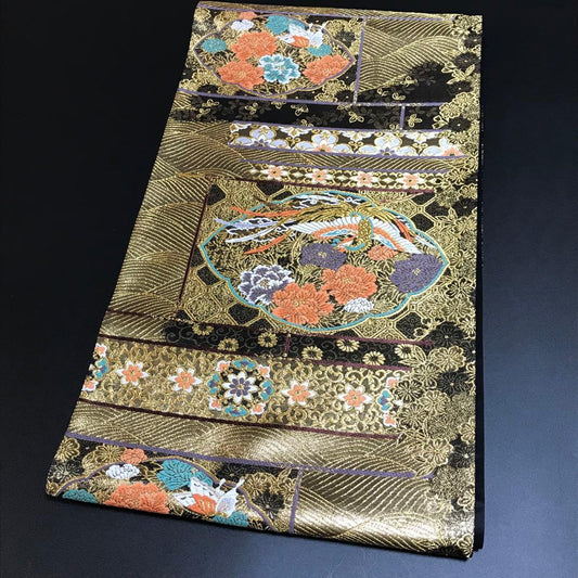 6469# Japanese Vintage Fukuro Obi Belt Kimono Fabric Silk Traditional Black