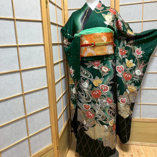 5487# Japanese Vintage Furisode Kimono Obi Obijime Obiage 4-Piece Set Silk Robe
