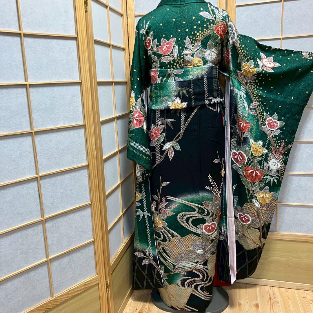 5487# Japanese Vintage Furisode Kimono Obi Obijime Obiage 4-Piece Set Silk Robe