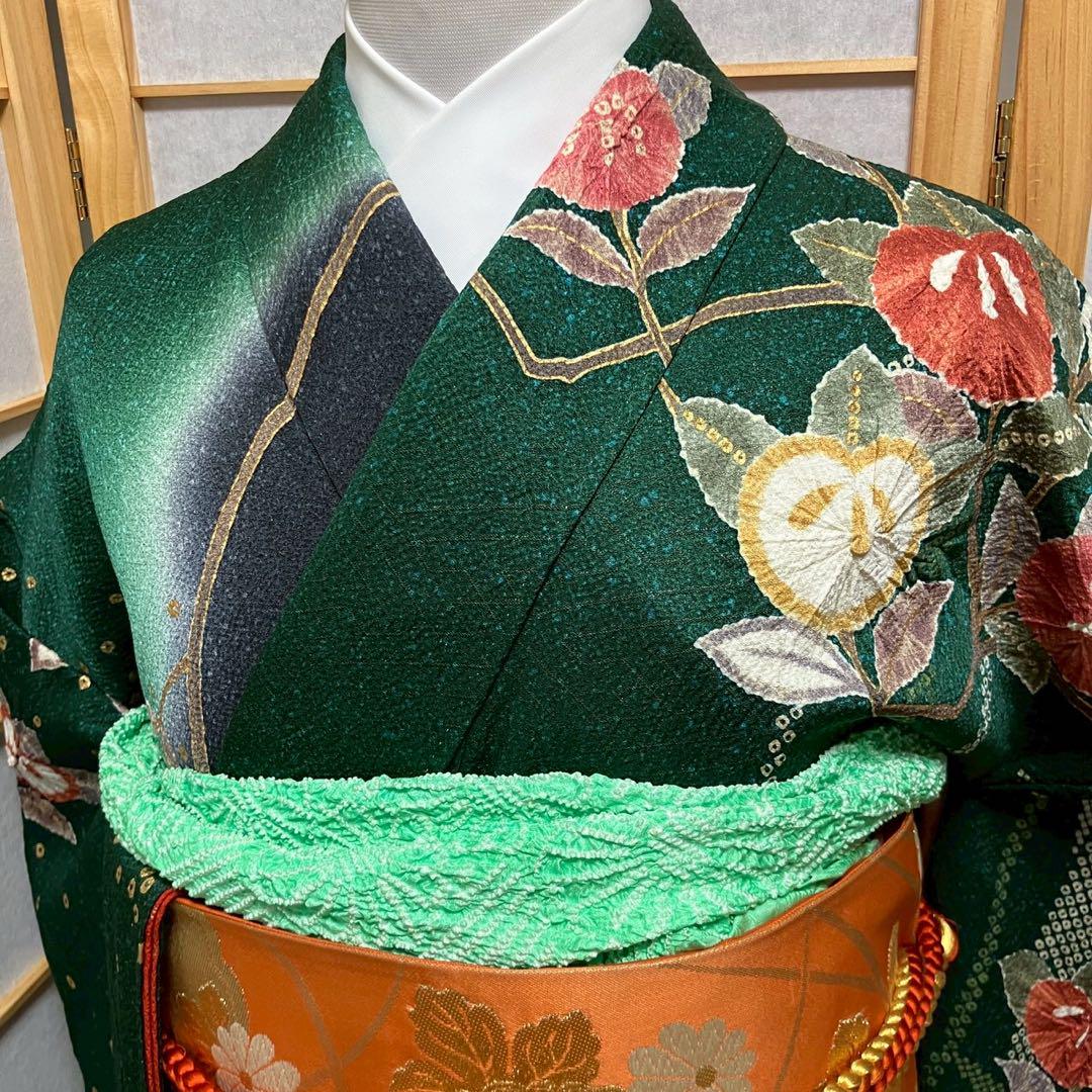 5487# Japanese Vintage Furisode Kimono Obi Obijime Obiage 4-Piece Set Silk Robe