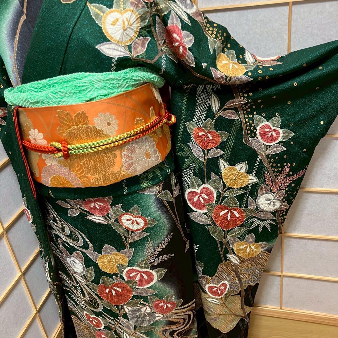 5487# Japanese Vintage Furisode Kimono Obi Obijime Obiage 4-Piece Set Silk Robe