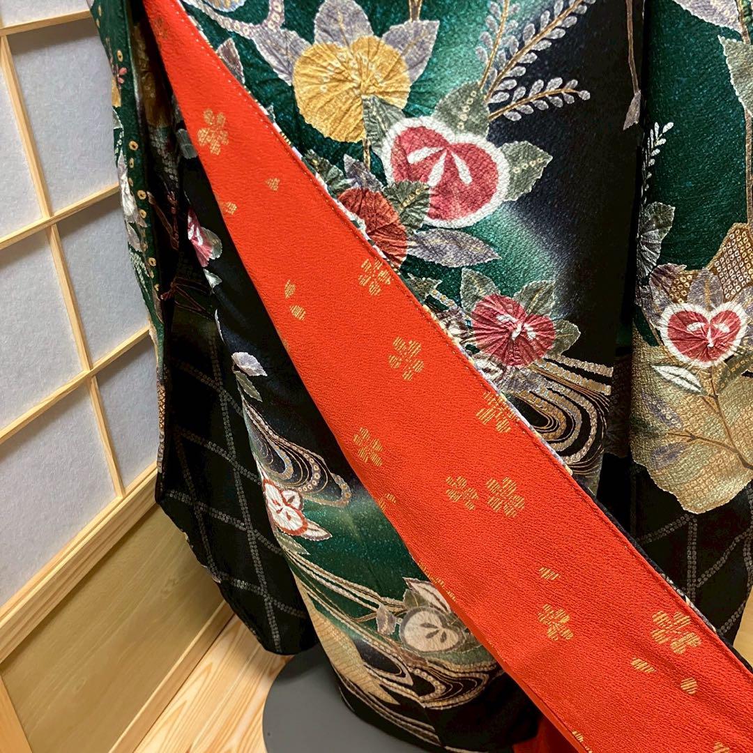 5487# Japanese Vintage Furisode Kimono Obi Obijime Obiage 4-Piece Set Silk Robe