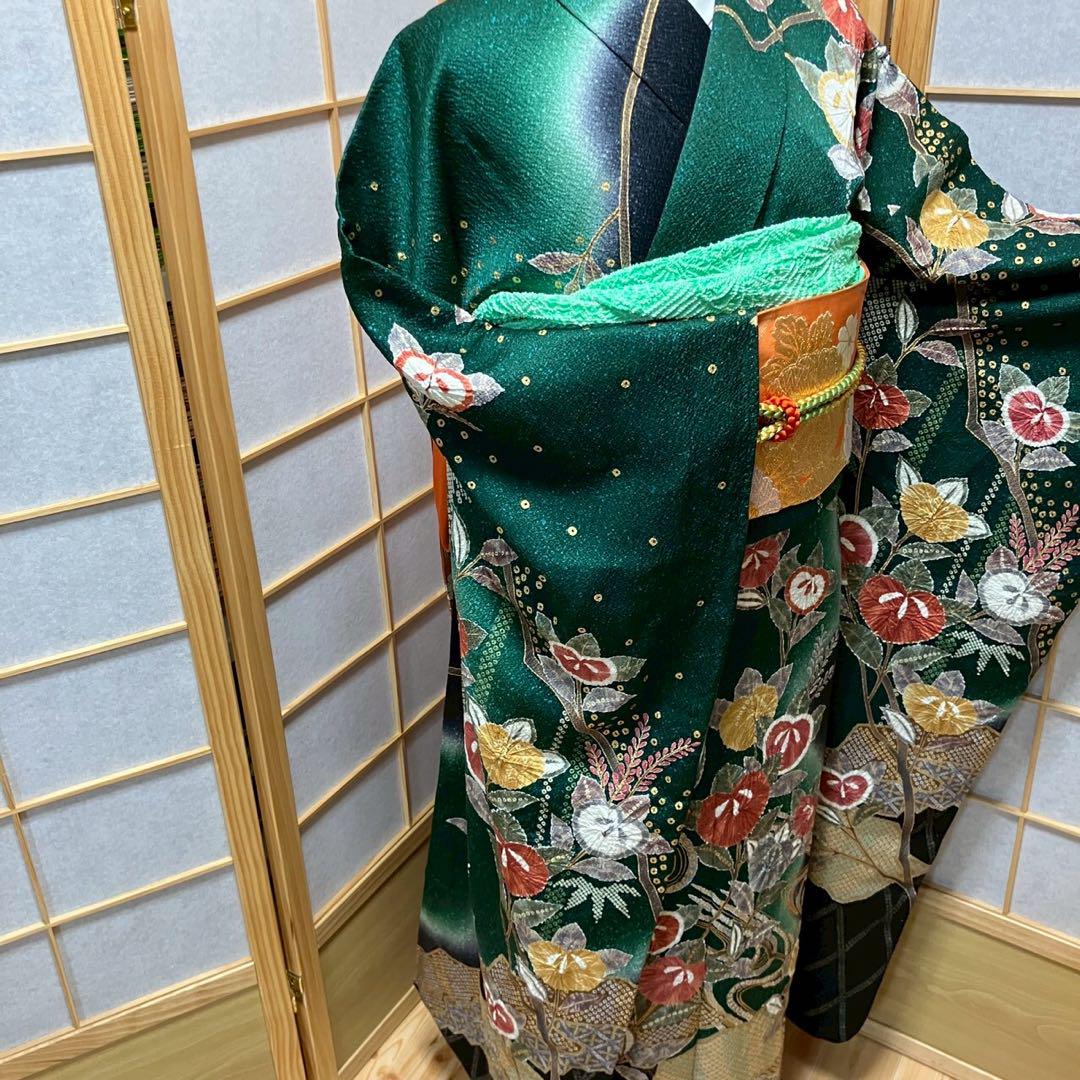 5487# Japanese Vintage Furisode Kimono Obi Obijime Obiage 4-Piece Set Silk Robe