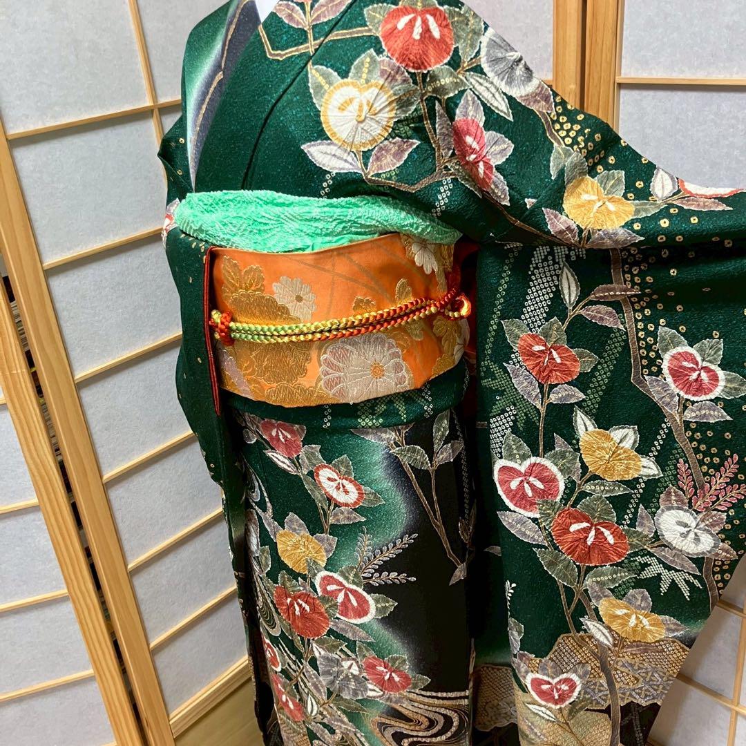 5487# Japanese Vintage Furisode Kimono Obi Obijime Obiage 4-Piece Set Silk Robe