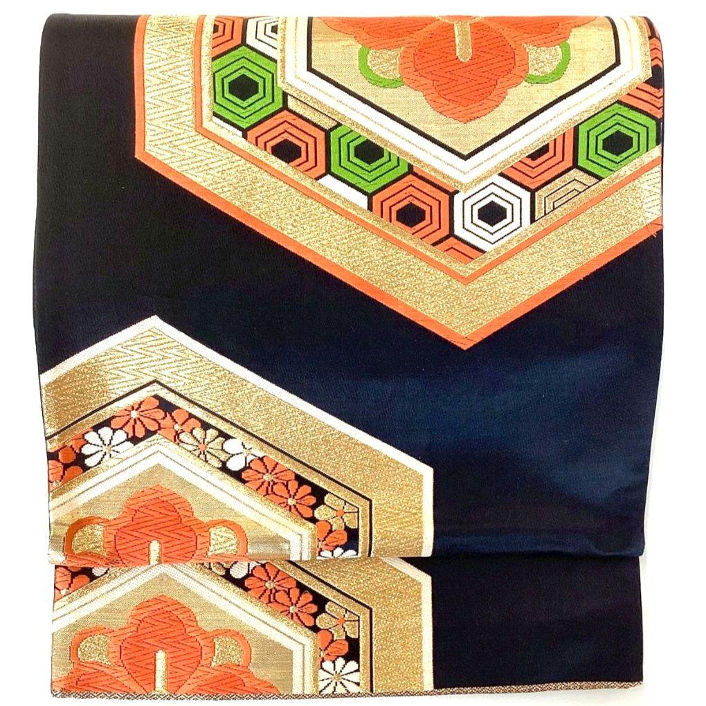 5207# Japanese Vintage Fukuro Obi Belt Kimono Fabric Silk Traditional Black