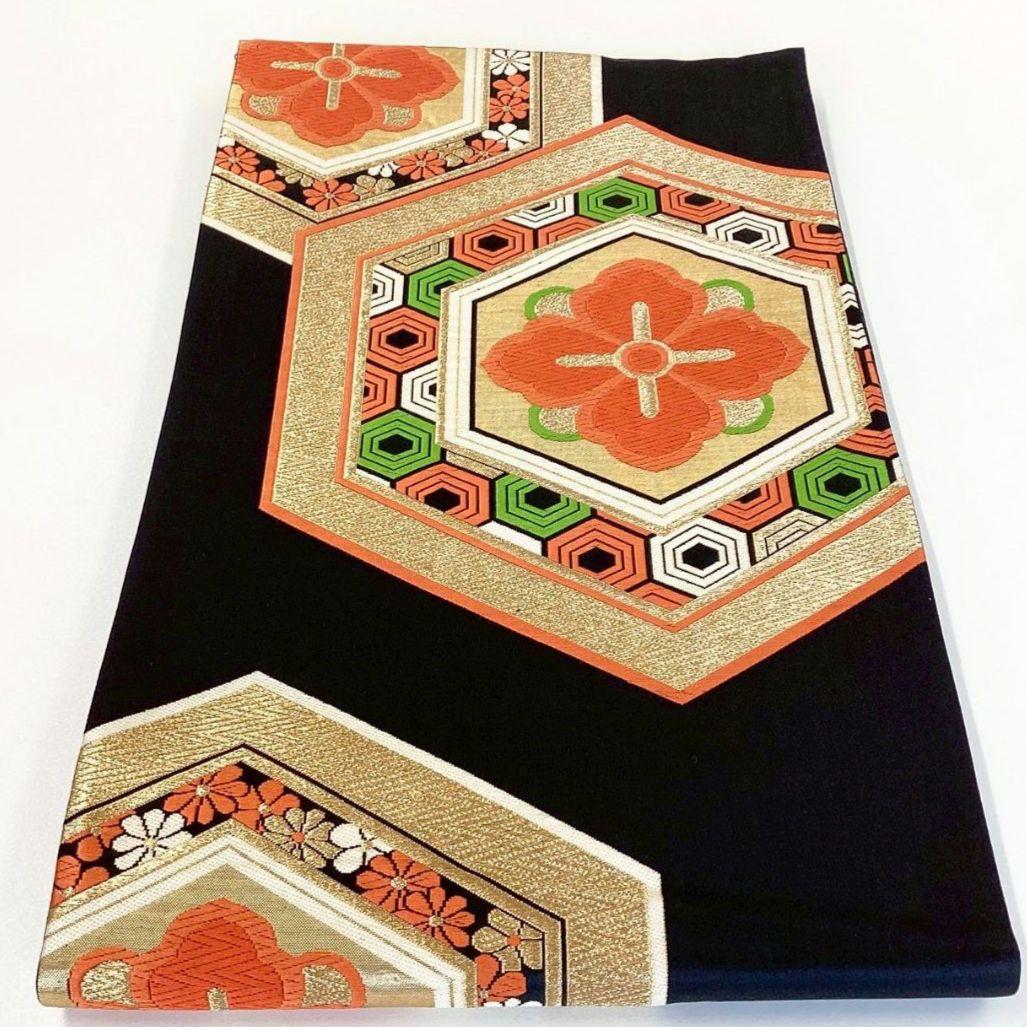 5207# Japanese Vintage Fukuro Obi Belt Kimono Fabric Silk Traditional Black