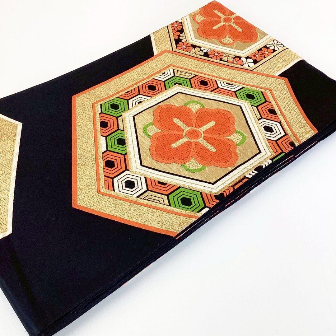 5207# Japanese Vintage Fukuro Obi Belt Kimono Fabric Silk Traditional Black
