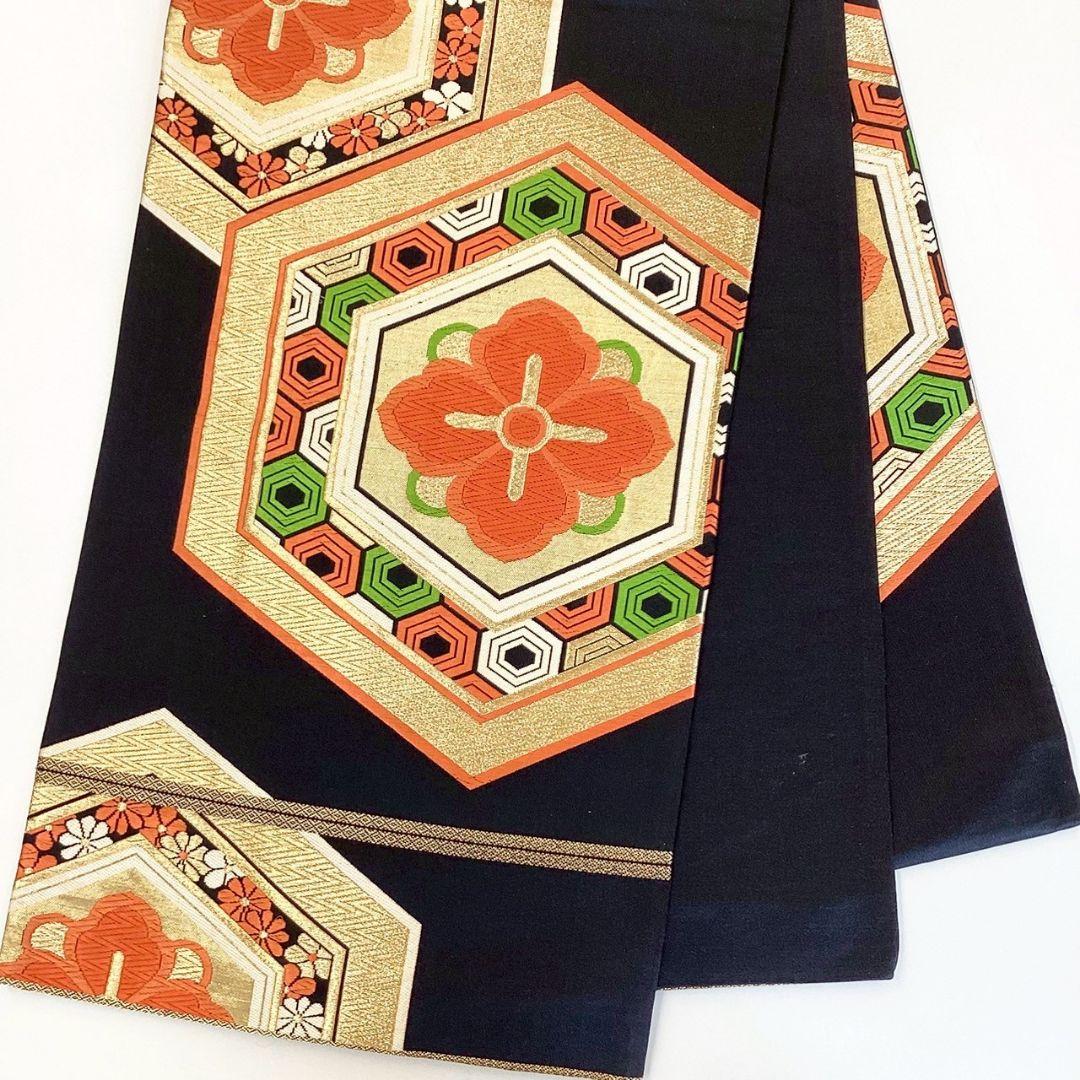 5207# Japanese Vintage Fukuro Obi Belt Kimono Fabric Silk Traditional Black