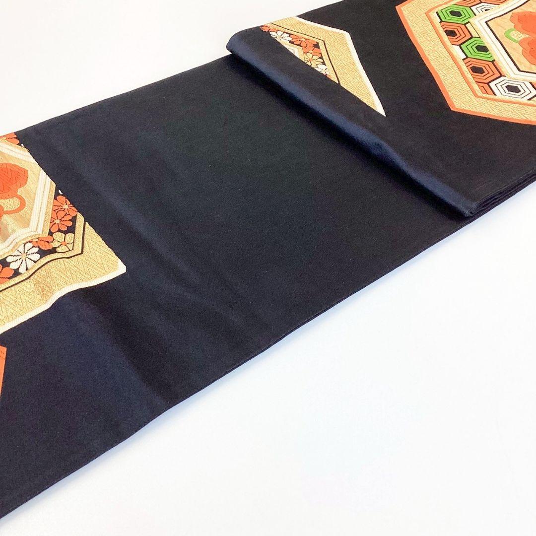 5207# Japanese Vintage Fukuro Obi Belt Kimono Fabric Silk Traditional Black