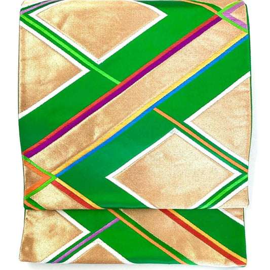 5260# Japanese Vintage Fukuro Obi Belt Kimono Fabric Silk Traditional Green