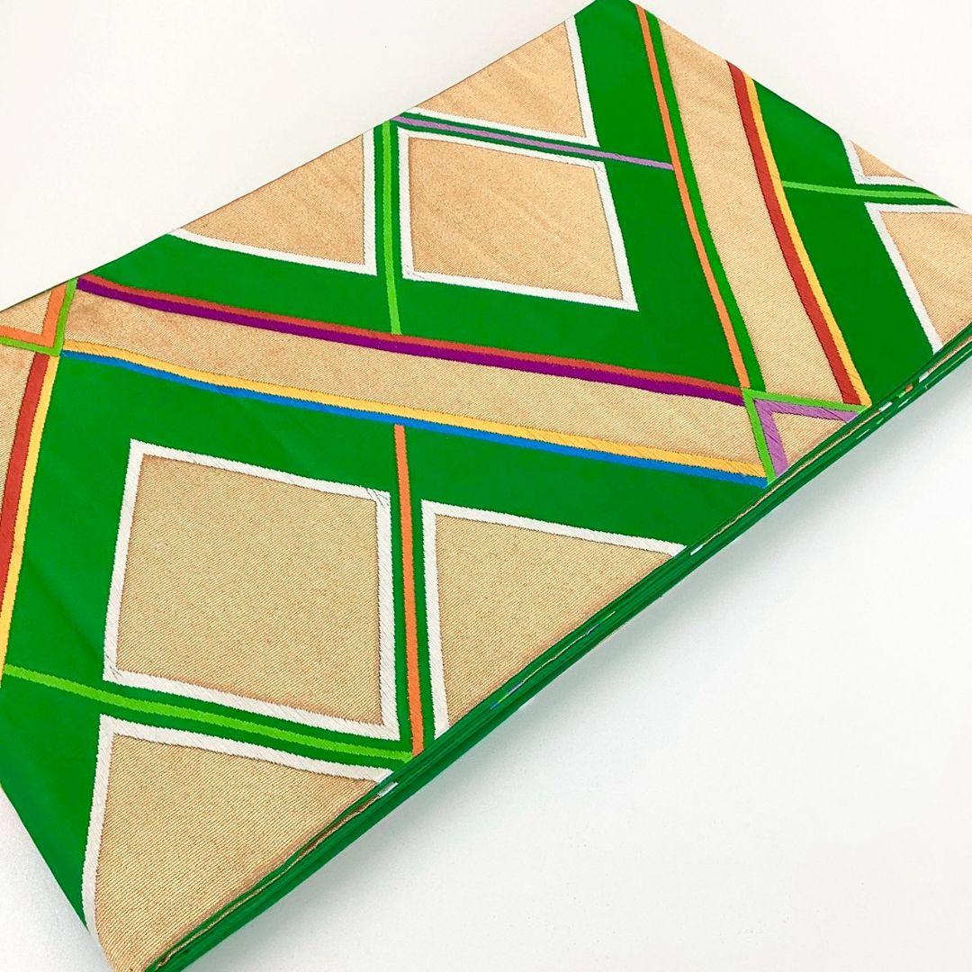 5260# Japanese Vintage Fukuro Obi Belt Kimono Fabric Silk Traditional Green