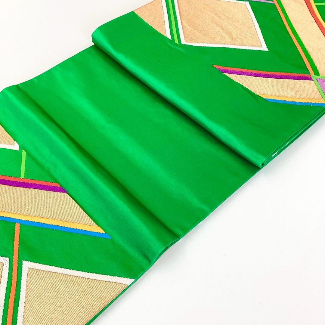 5260# Japanese Vintage Fukuro Obi Belt Kimono Fabric Silk Traditional Green