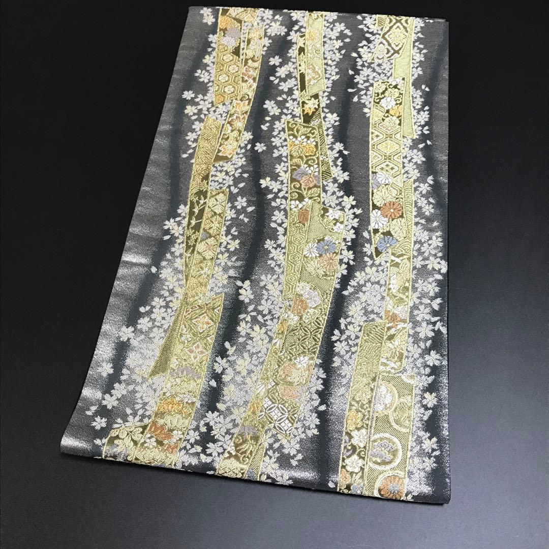 6758# Japanese Vintage Fukuro Obi Belt Kimono Fabric Silk Traditional Black　