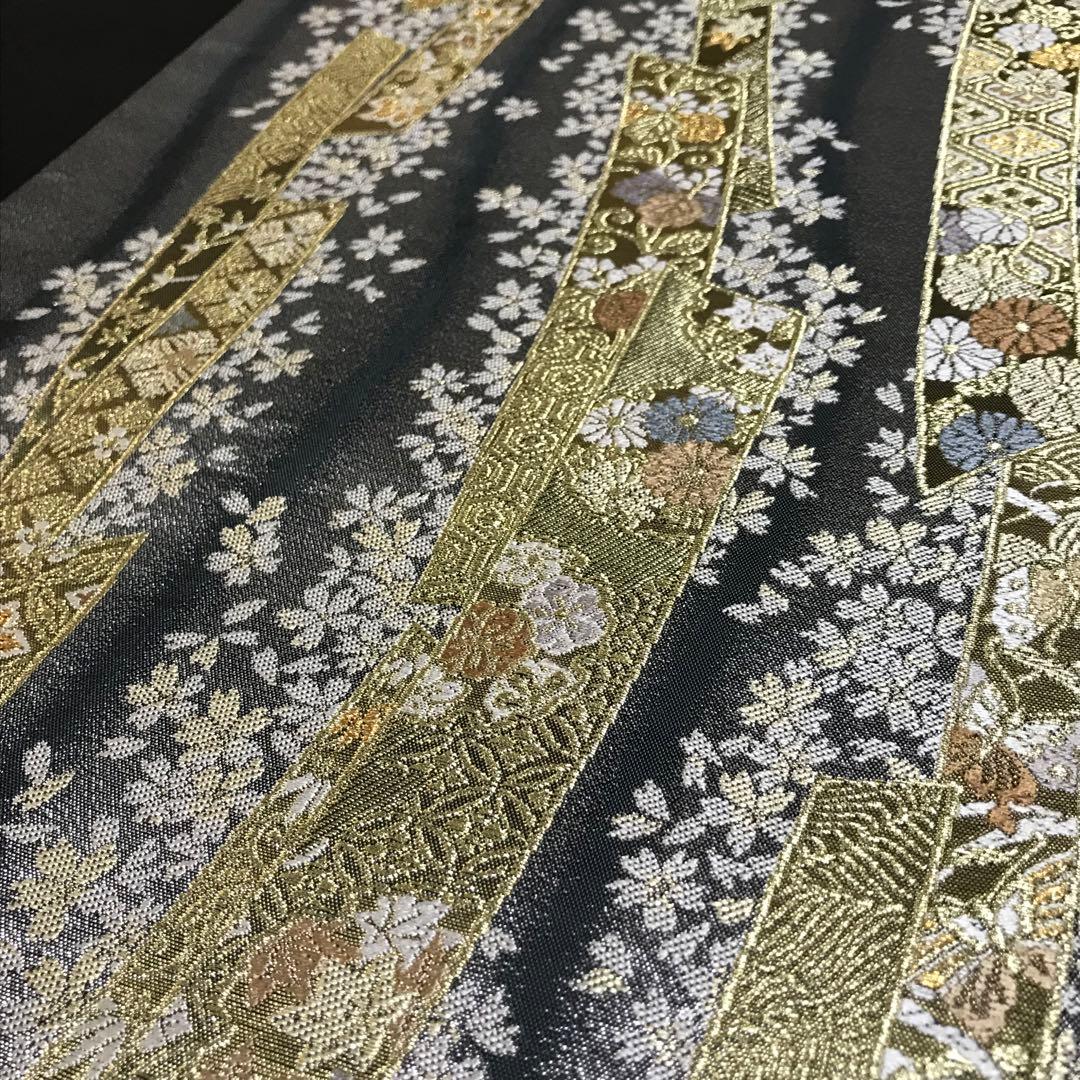 6758# Japanese Vintage Fukuro Obi Belt Kimono Fabric Silk Traditional Black　