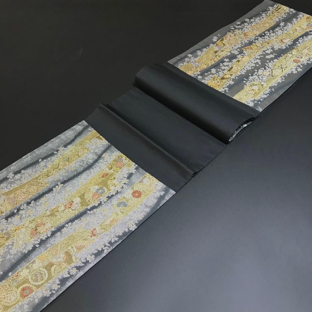 6758# Japanese Vintage Fukuro Obi Belt Kimono Fabric Silk Traditional Black　