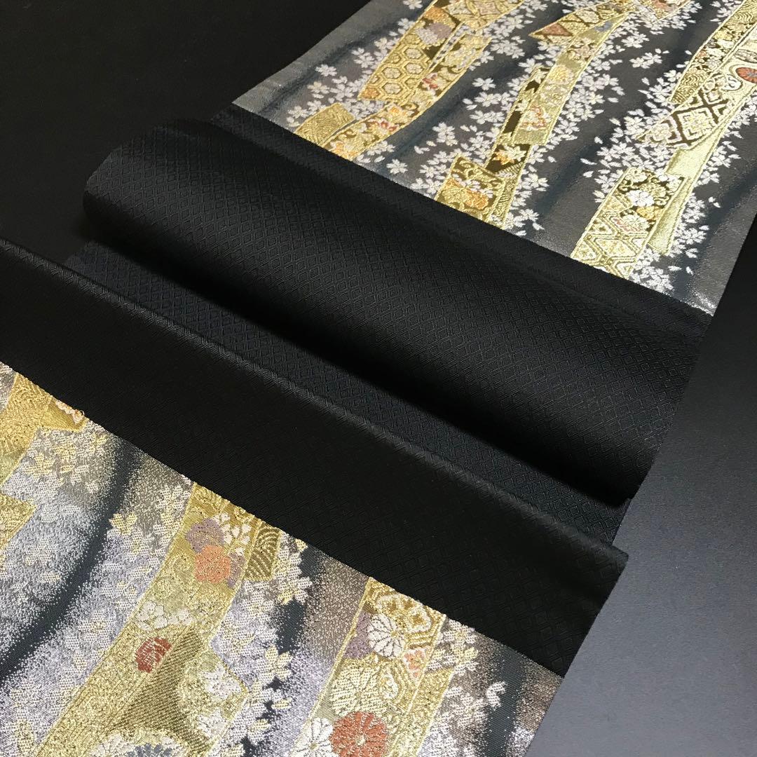 6758# Japanese Vintage Fukuro Obi Belt Kimono Fabric Silk Traditional Black　