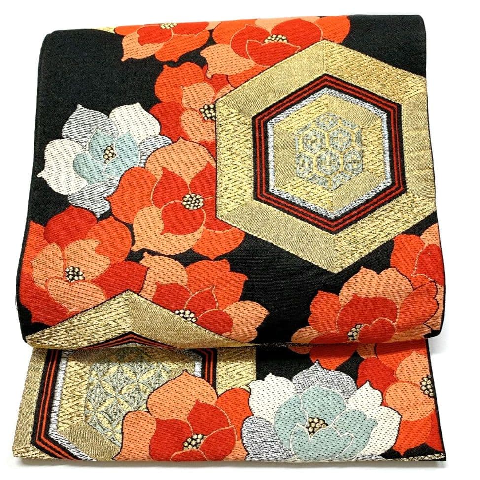 2762# Japanese Vintage Fukuro Obi Belt Kimono Fabric Silk Traditional Black　