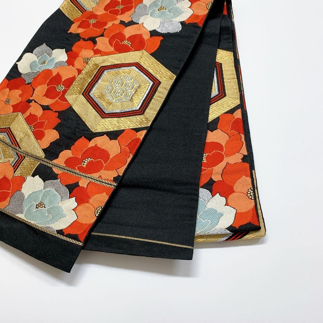 2762# Japanese Vintage Fukuro Obi Belt Kimono Fabric Silk Traditional Black　