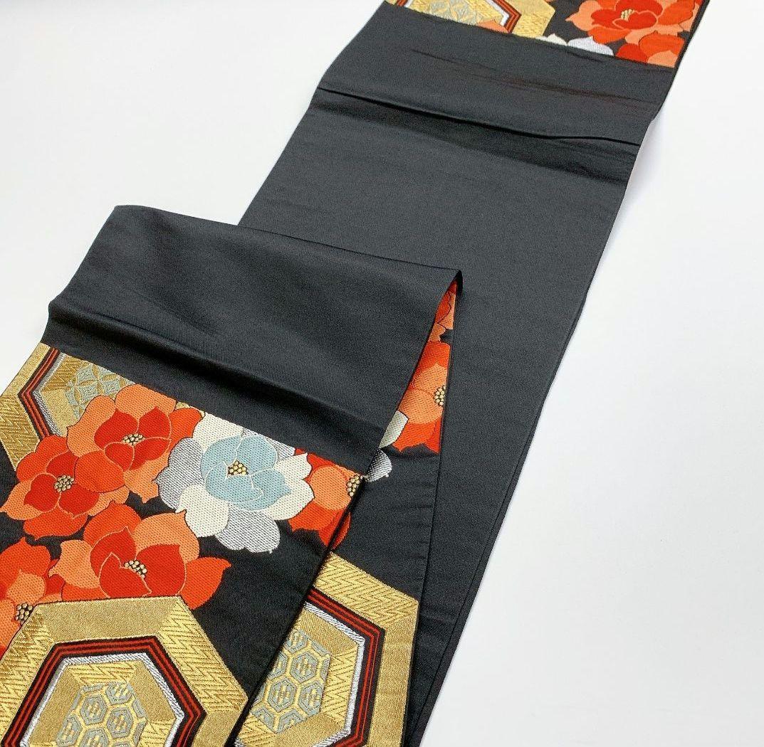 2762# Japanese Vintage Fukuro Obi Belt Kimono Fabric Silk Traditional Black　