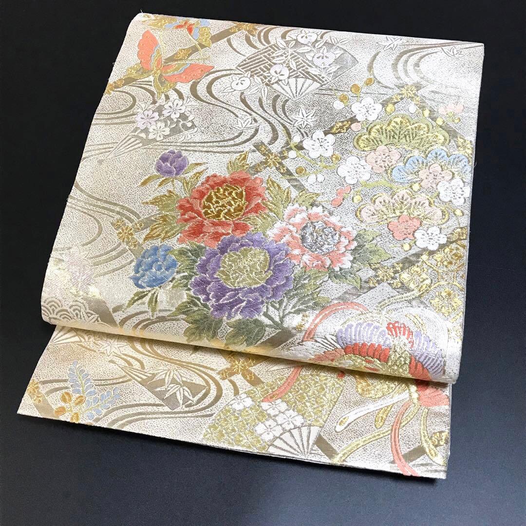 6468# Japanese Vintage Fukuro Obi Belt Kimono Fabric Silk Traditional Gold