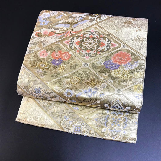 6463# Japanese Vintage Fukuro Obi Belt Kimono Fabric Silk Traditional Gold