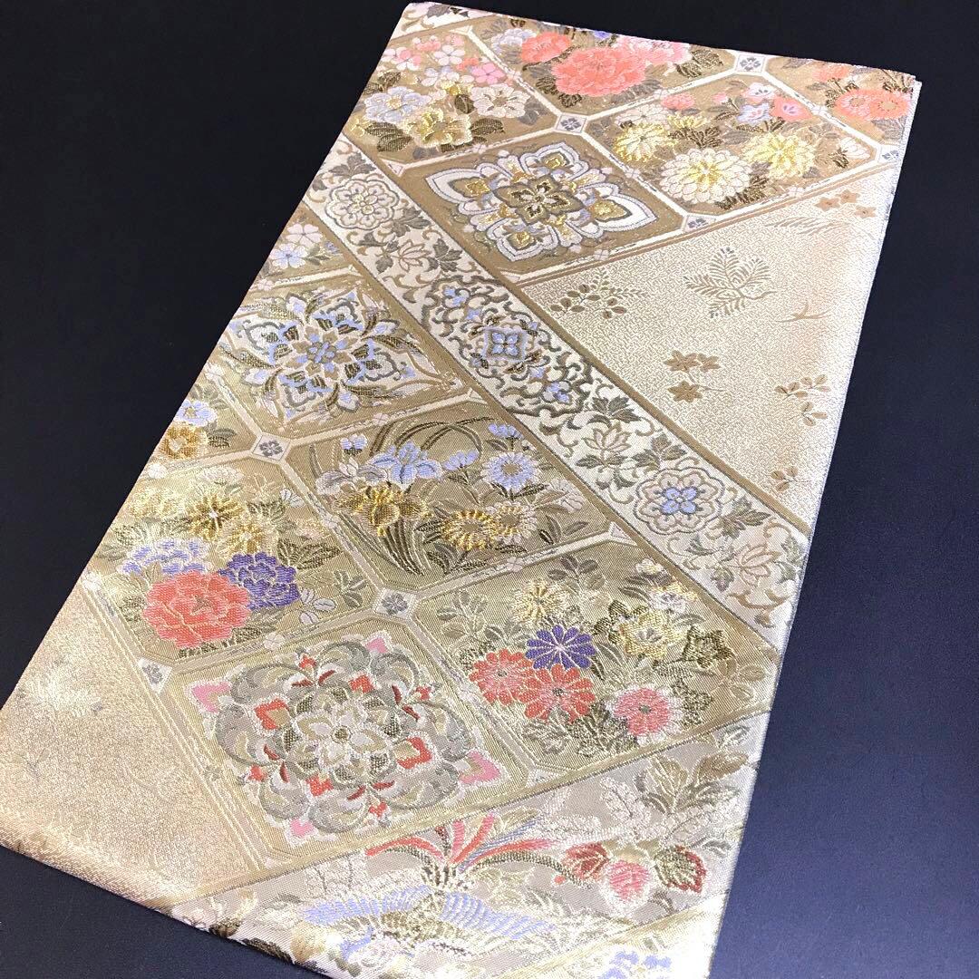 6463# Japanese Vintage Fukuro Obi Belt Kimono Fabric Silk Traditional Gold