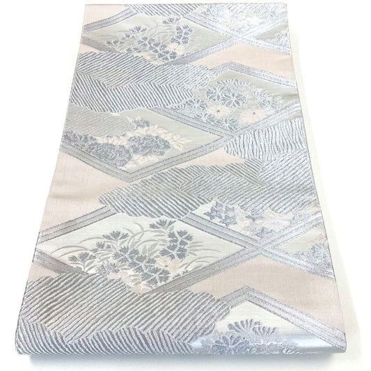 4909# Japanese Vintage Fukuro Obi Belt Kimono Fabric Silk Traditional Silver