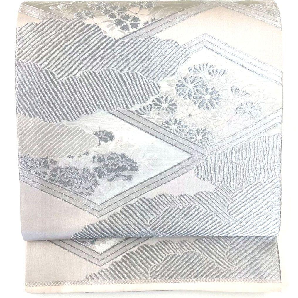 4909# Japanese Vintage Fukuro Obi Belt Kimono Fabric Silk Traditional Silver