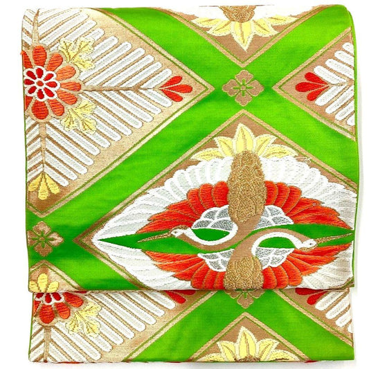 4985# Japanese Vintage Fukuro Obi Belt Kimono Fabric Silk Traditional Green