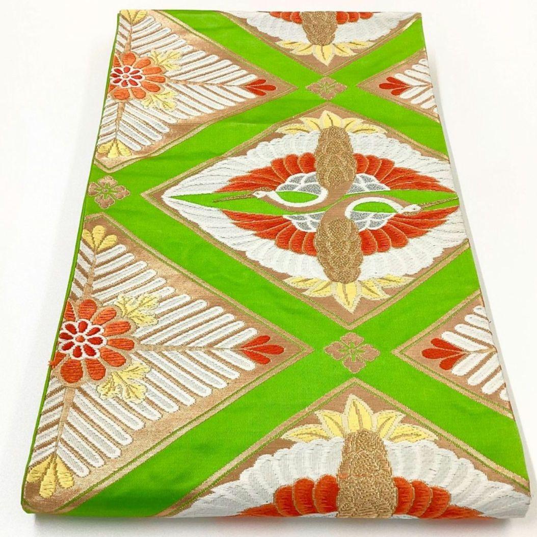4985# Japanese Vintage Fukuro Obi Belt Kimono Fabric Silk Traditional Green