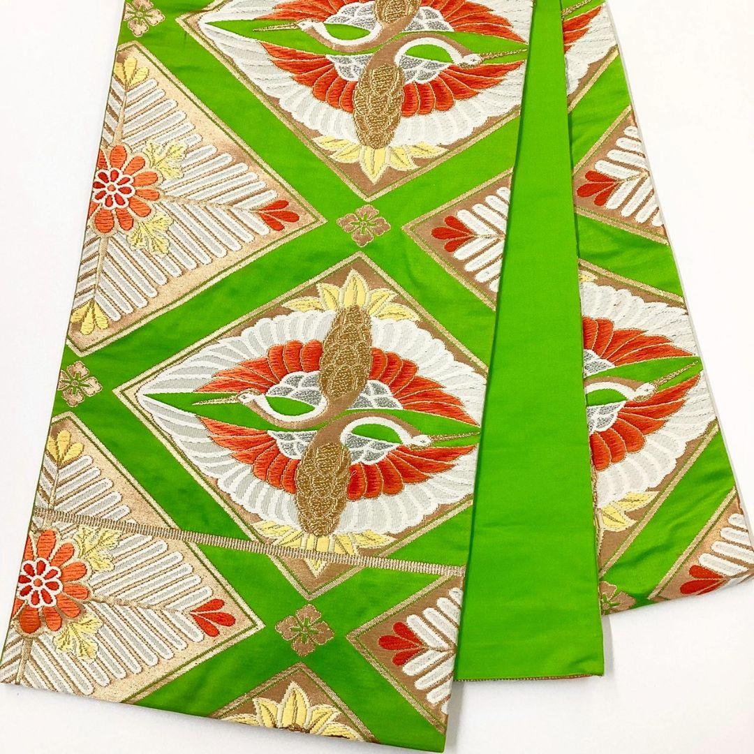 4985# Japanese Vintage Fukuro Obi Belt Kimono Fabric Silk Traditional Green